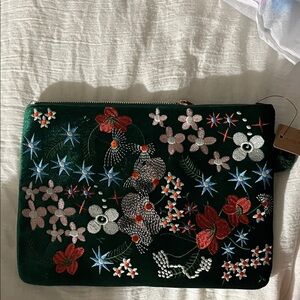 Embroidered Floral Green Clutch